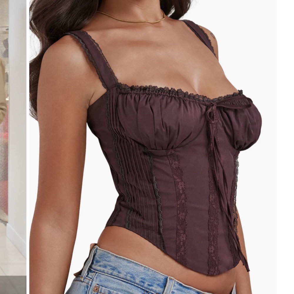 House of CB Gini Cotton Blend Corset Top in Rich Brown - Picture 2 of 7